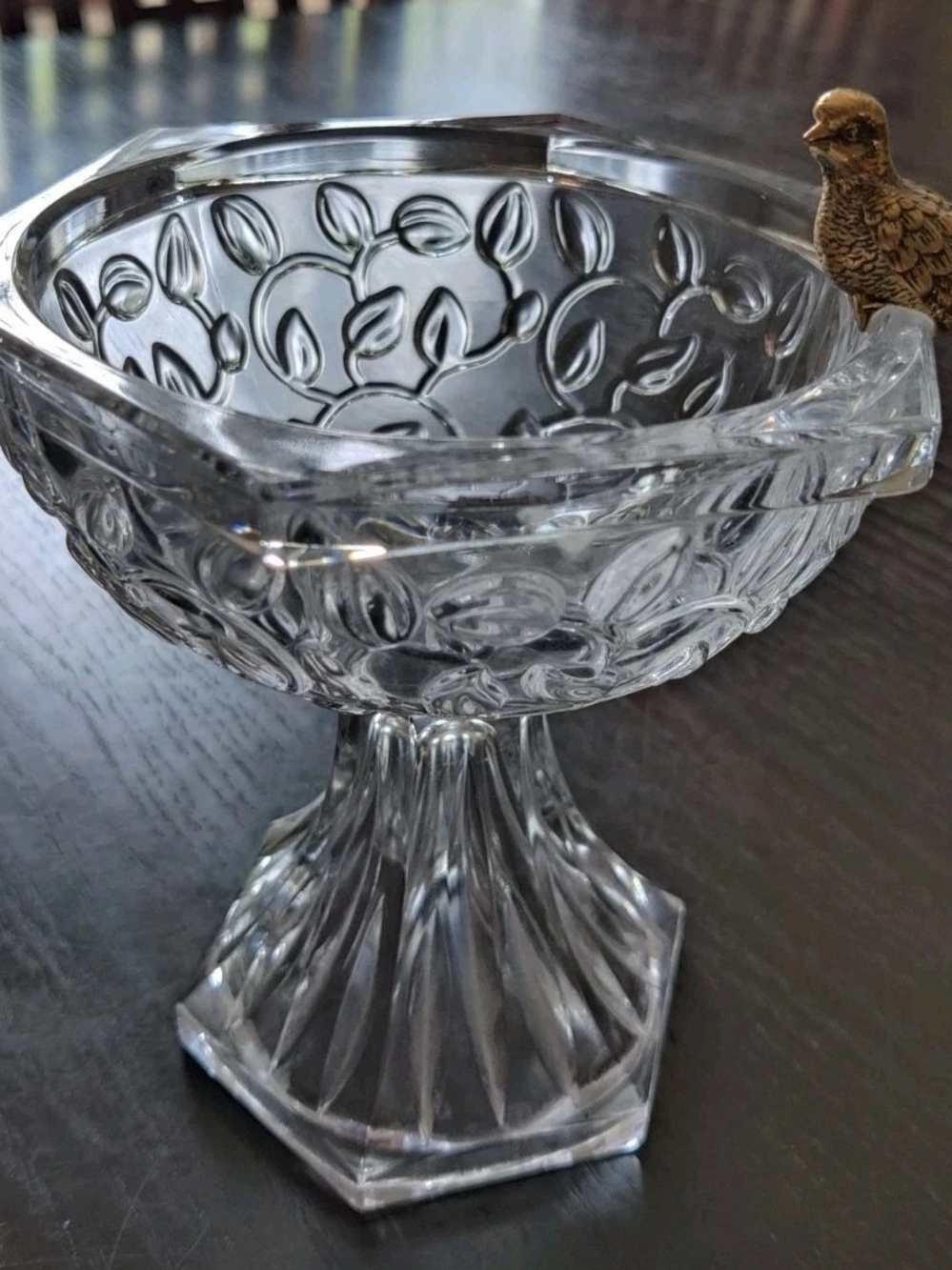 Gorham Clear Glass Leaf Motif Pedestal Compote With Bird